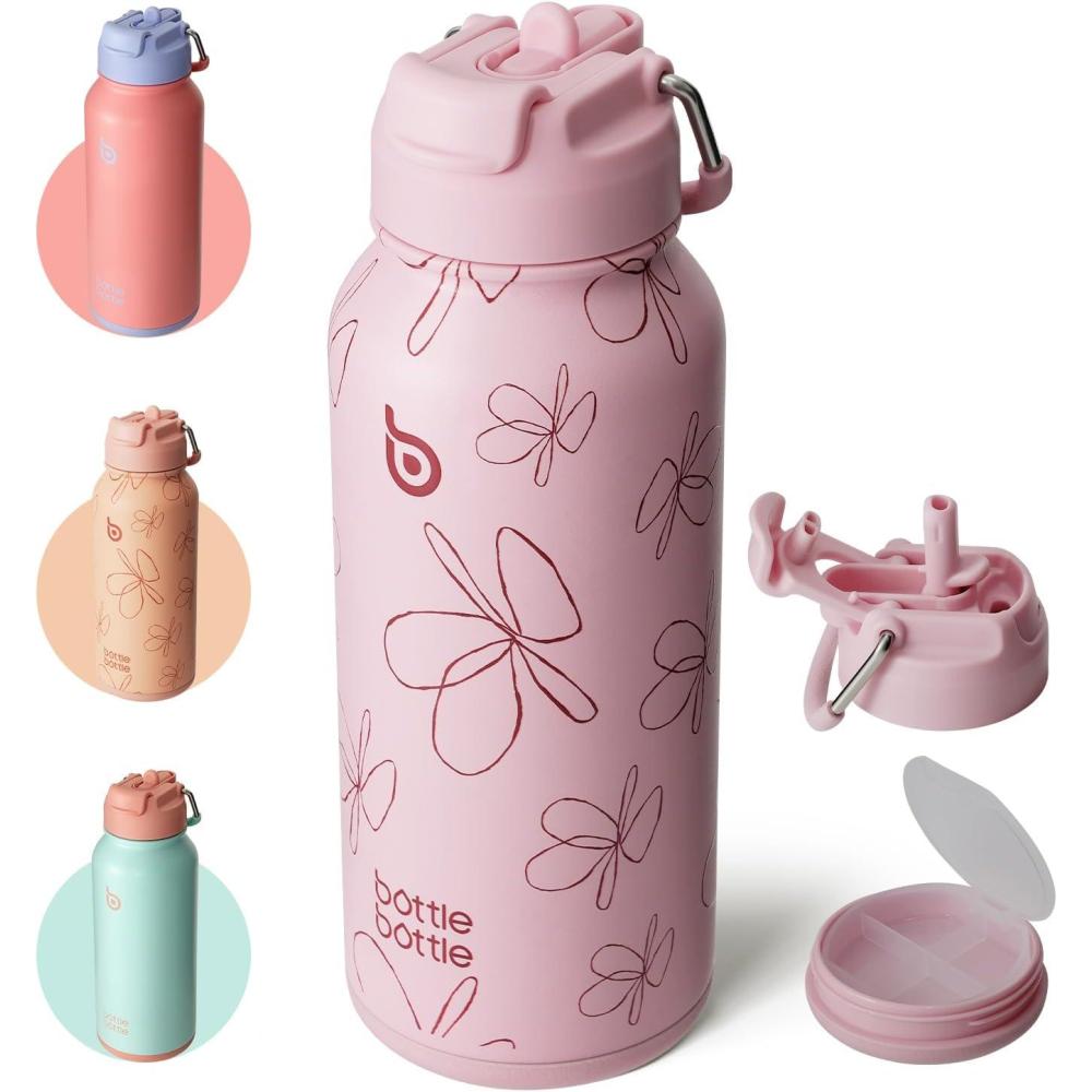 image:imageBOTTLE BOTTLE Bouteille deau isotherme en acier inoxydable de 946 ml avec paille et couvercle double usage pour salle de sport avec pilulier ciel tFleur Rose
