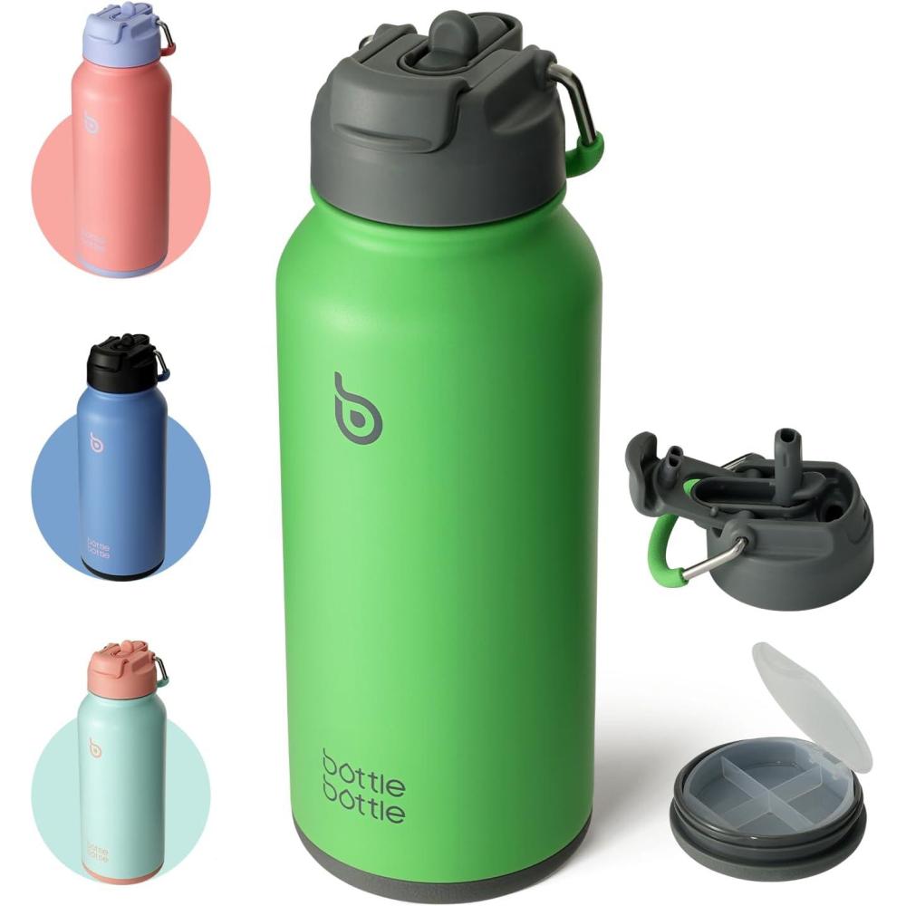 image:imageBOTTLE BOTTLE Bouteille deau isotherme en acier inoxydable de 946 ml avec paille et couvercle double usage pour salle de sport avec pilulier ciel tFort Dt