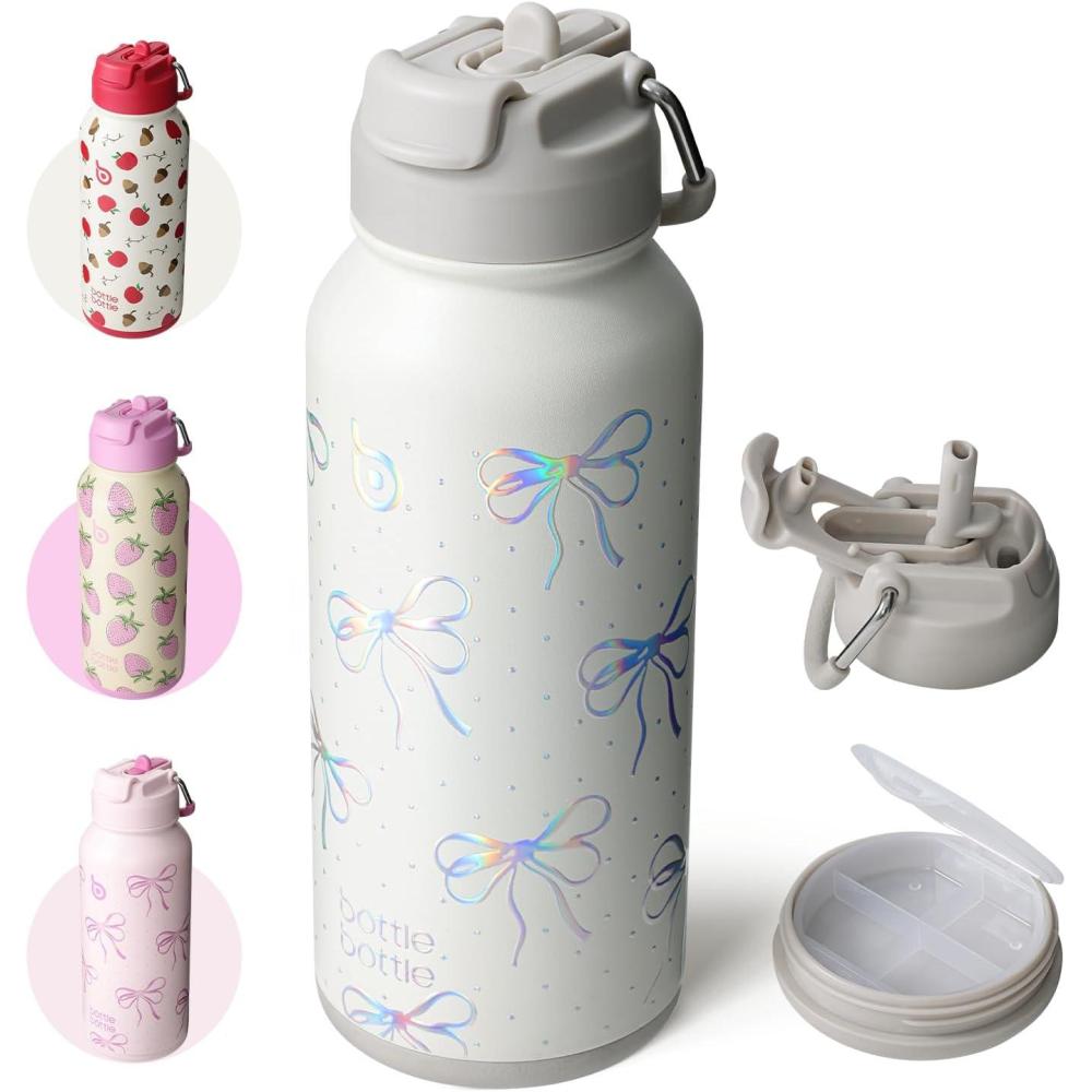 image:imageBOTTLE BOTTLE Bouteille deau isotherme en acier inoxydable de 946 ml avec paille et couvercle double usage pour salle de sport avec pilulier ciel tNud Paillettes