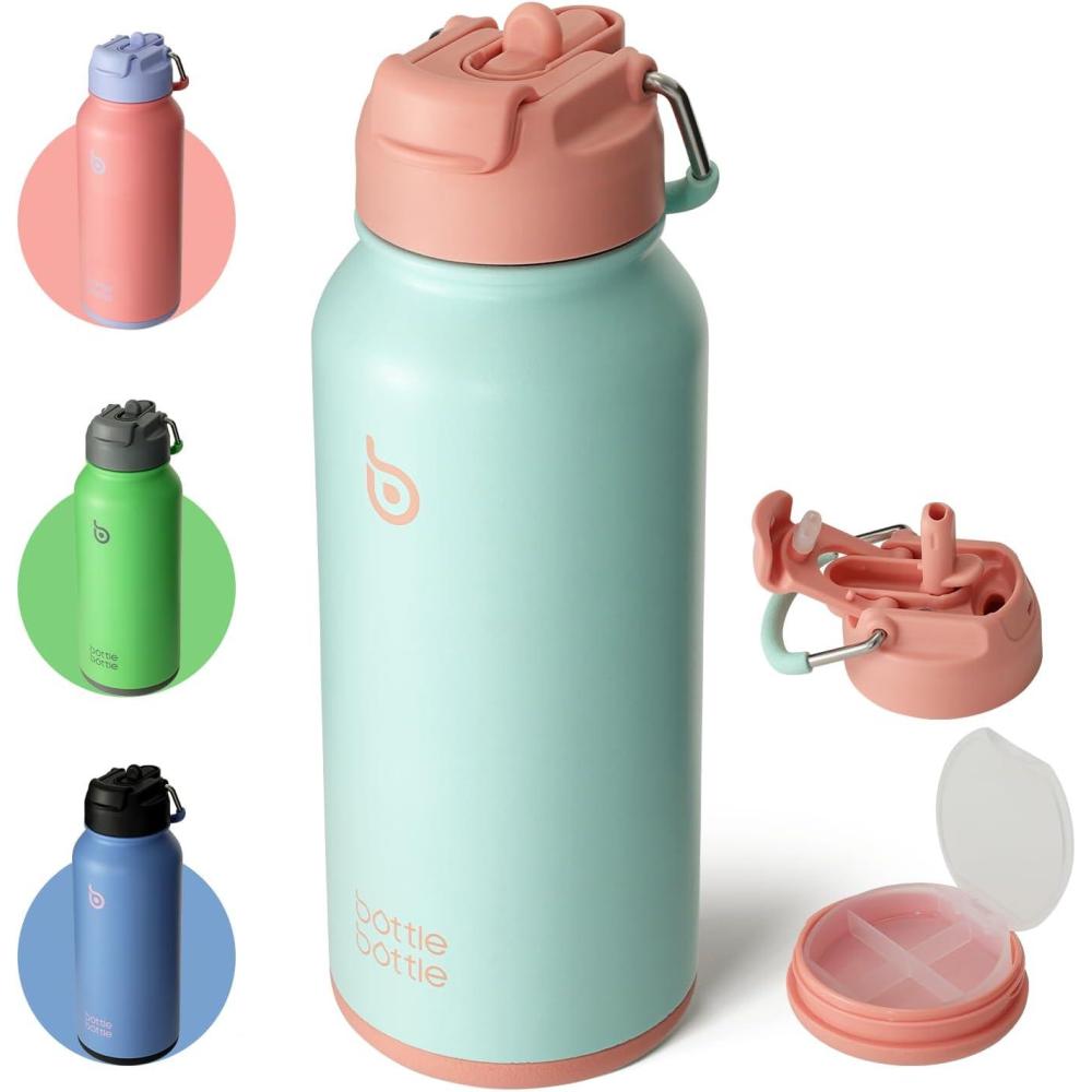 image:imageBOTTLE BOTTLE Bouteille deau isotherme en acier inoxydable de 946 ml avec paille et couvercle double usage pour salle de sport avec pilulier ciel tOcan de Rve