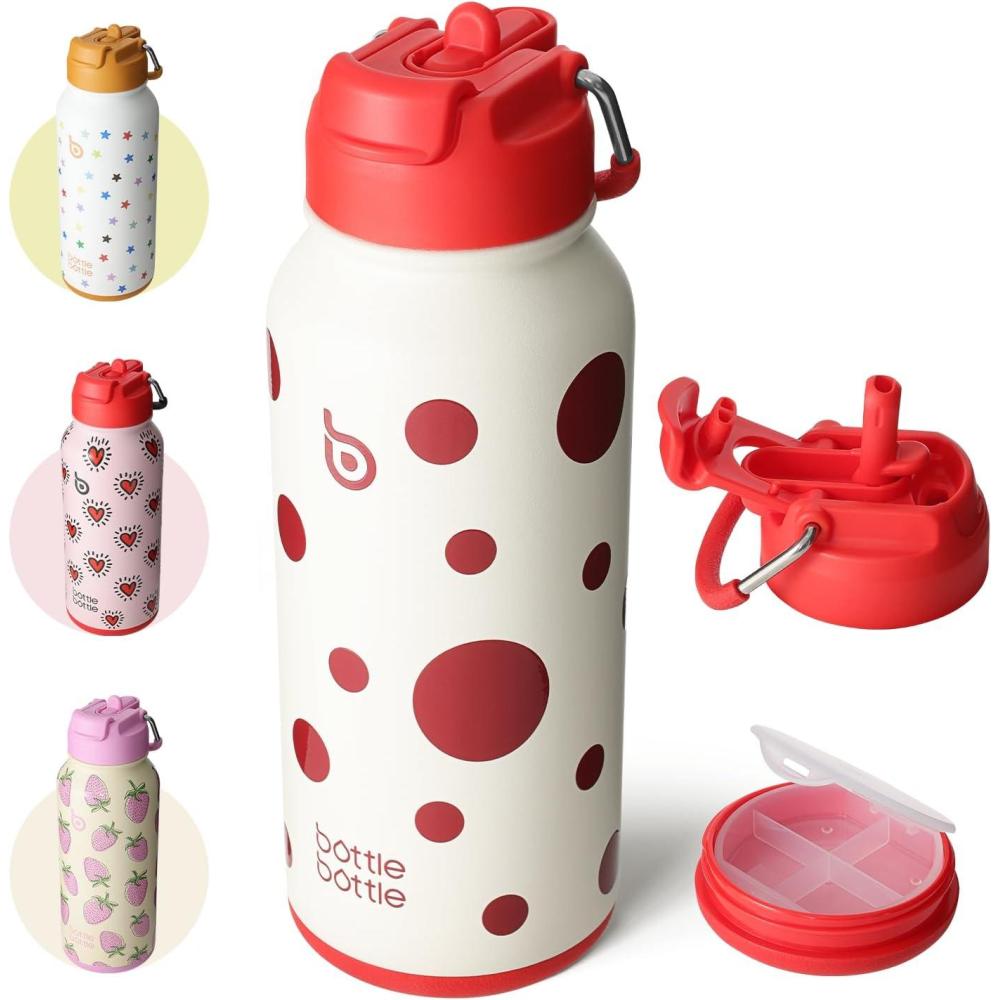 image:imageBOTTLE BOTTLE Bouteille deau isotherme en acier inoxydable de 946 ml avec paille et couvercle double usage pour salle de sport avec pilulier ciel tPolka Pop