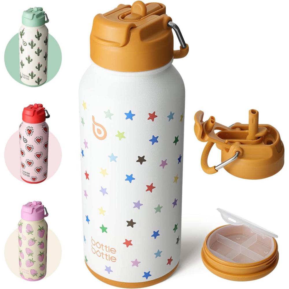 image:imageBOTTLE BOTTLE Bouteille deau isotherme en acier inoxydable de 946 ml avec paille et couvercle double usage pour salle de sport avec pilulier ciel tPop Stellaire
