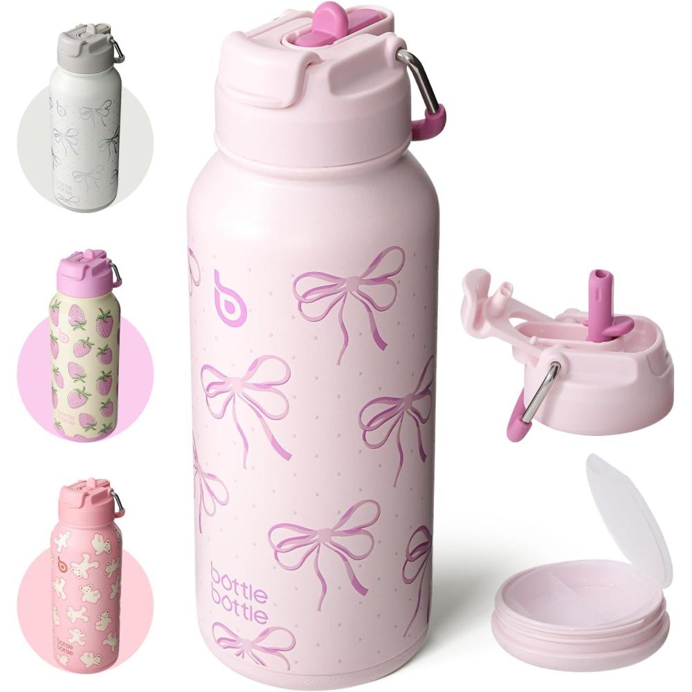image:imageBOTTLE BOTTLE Bouteille deau isotherme en acier inoxydable de 946 ml avec paille et couvercle double usage pour salle de sport avec pilulier ciel tRose