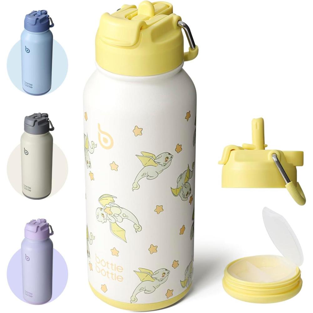 image:imageBOTTLE BOTTLE Bouteille deau isotherme en acier inoxydable de 946 ml avec paille et couvercle double usage pour salle de sport avec pilulier ciel tStella Jaune