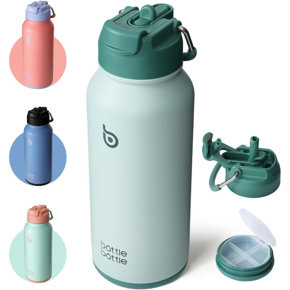 image:imageBOTTLE BOTTLE Bouteille deau isotherme en acier inoxydable de 946 ml avec paille et couvercle double usage pour salle de sport avec pilulier ciel tVert