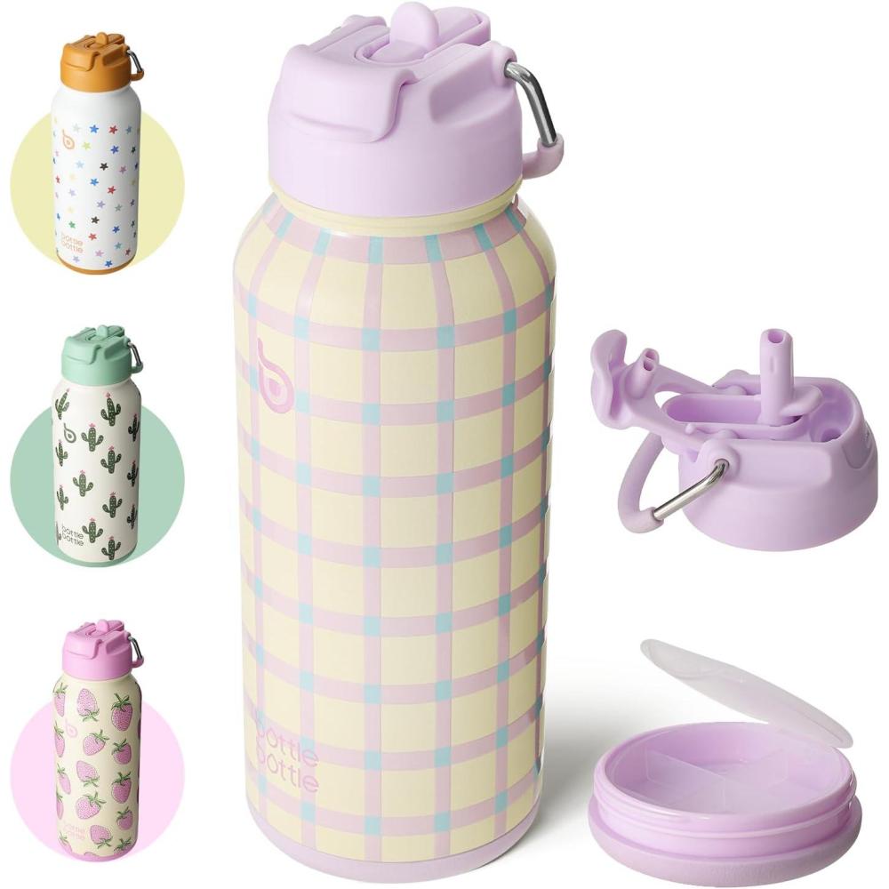 image:imageBOTTLE BOTTLE Bouteille deau isotherme en acier inoxydable de 946 ml avec paille et couvercle double usage pour salle de sport avec pilulier ciel tVivabands
