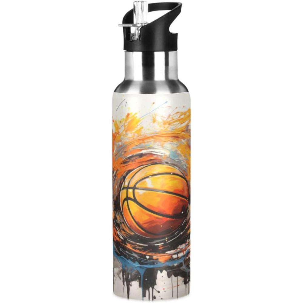 image:imageBallon De Basket Sport Aquarelle Bouteille deau Isotherme avec Paille en Acier Inoxydable Gourde Sans BPA Gourdes Eau pour Enfant Sport Randonne cole Bureau 600ml1L1L