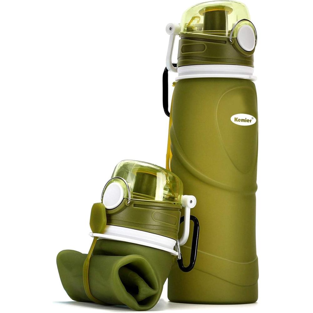 image:imageBouteilles deau Pliables en Silicone de Kemier 750 mL Sans BPA Approuves par La FDA Bouteilles deau Pliables Pouvant sEnrouler Pour Sports et Plein Air tanches et  lpreuve Des FuitesNoirVert