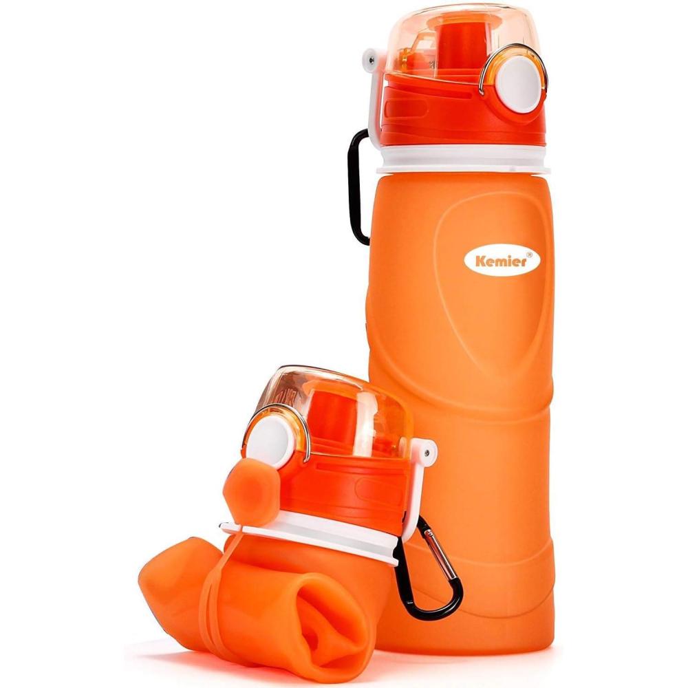 image:imageBouteilles deau Pliables en Silicone de Kemier 750 mL Sans BPA Approuves par La FDA Bouteilles deau Pliables Pouvant sEnrouler Pour Sports et Plein Air tanches et  lpreuve Des FuitesNoirOrange