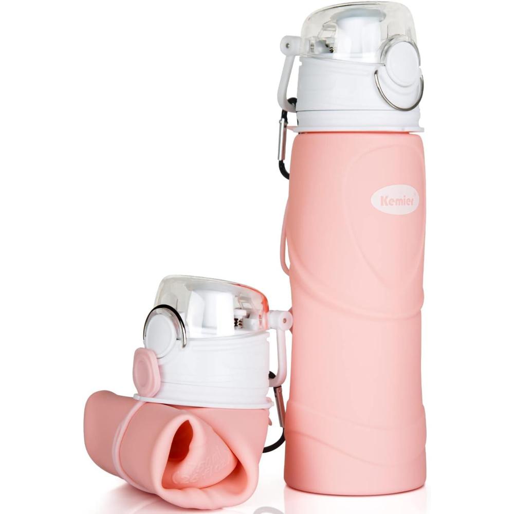 image:imageBouteilles deau Pliables en Silicone de Kemier 750 mL Sans BPA Approuves par La FDA Bouteilles deau Pliables Pouvant sEnrouler Pour Sports et Plein Air tanches et  lpreuve Des FuitesNoirRose Clair