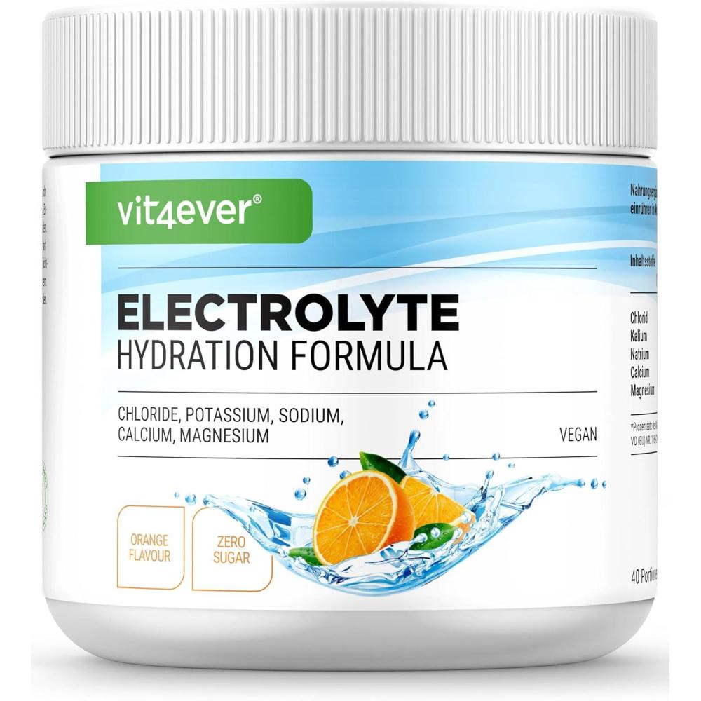 image:imageElectrolytes 200 g 40 portions Formule dhydratation avec chlorure potassium sodium calcium magnsium Parfait pour les sportifs en cas de dshydratation Sans sucre Vegan OrangeOrange