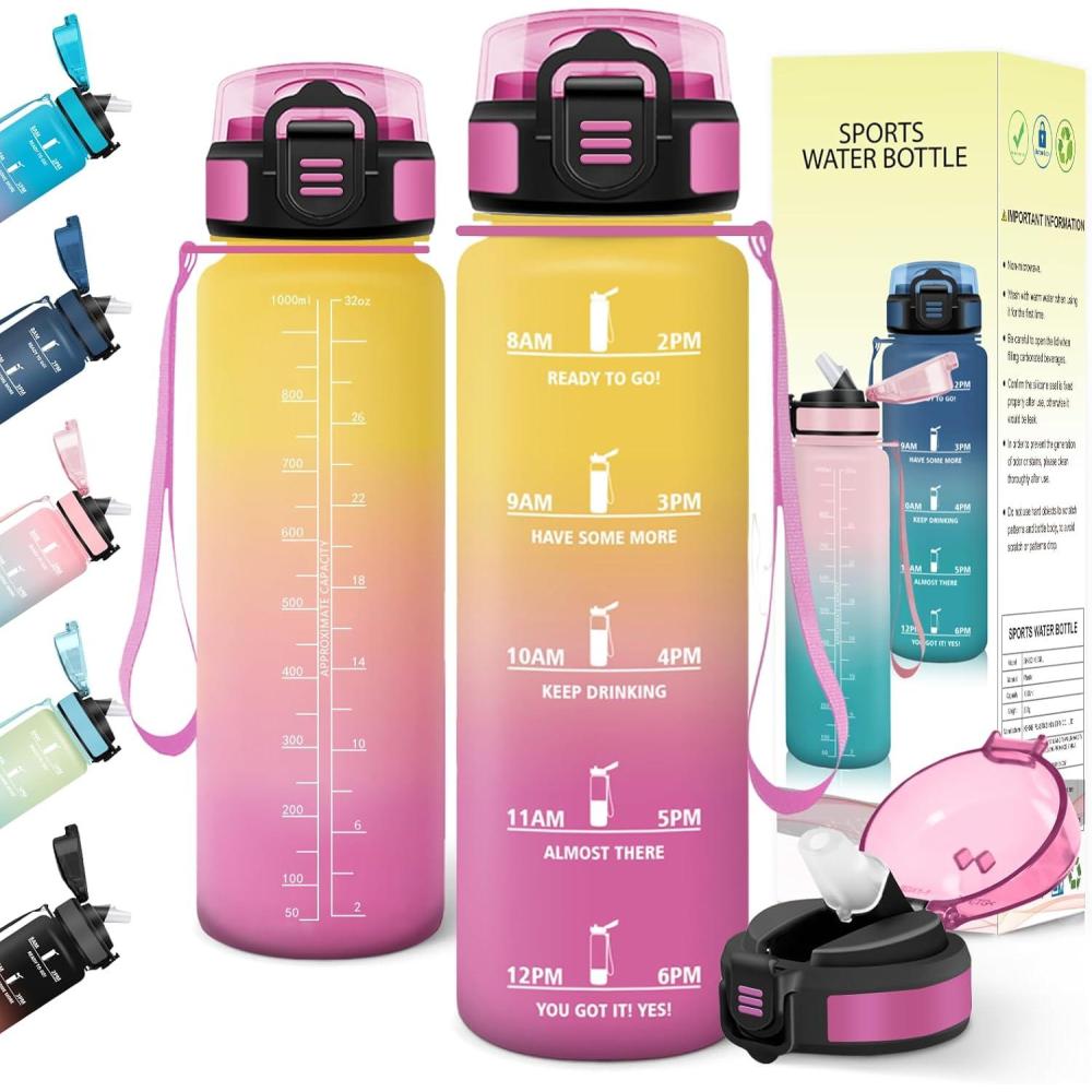 image:imageGourde 1l AntiFuite Gourde Sport avec Paille Bouteille avec Marqueur de Temps Bouteille deau Rutilisable pour Fitness Yoga Sport Camping Gym Travail JauneRoseJaunerose