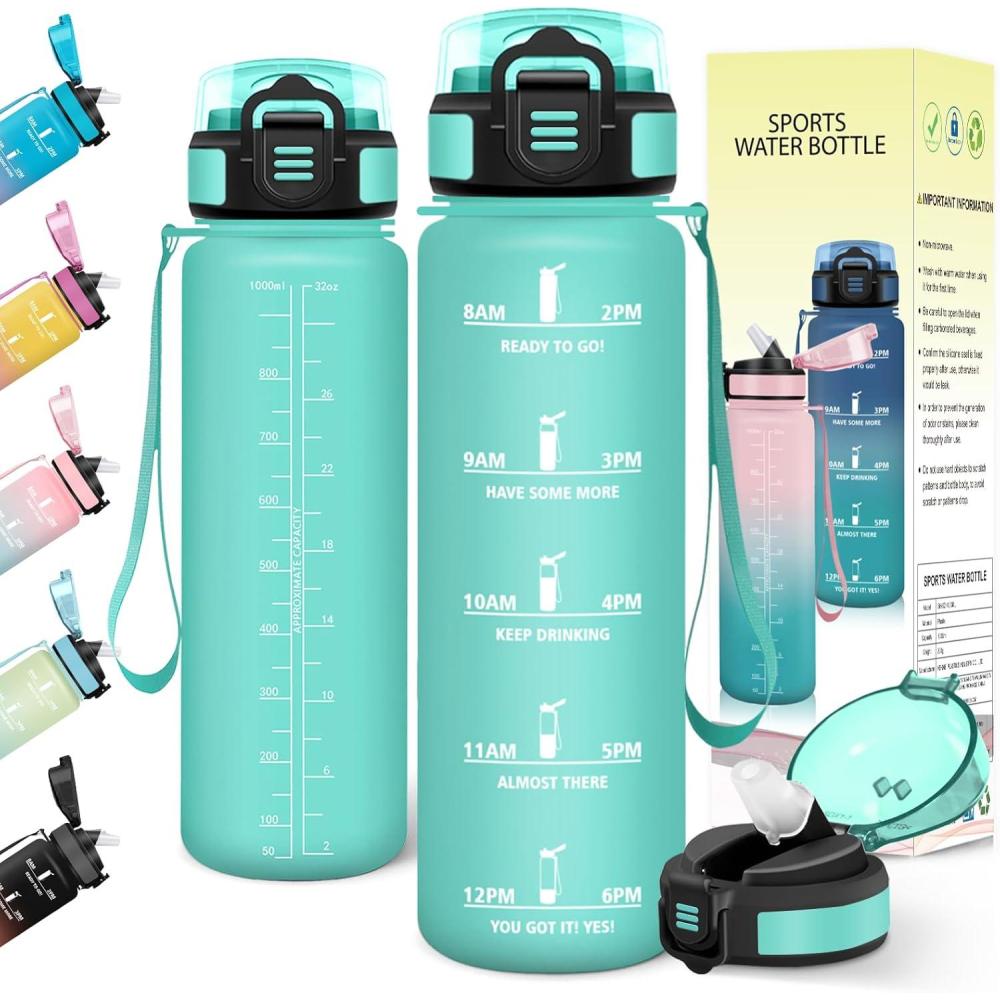 image:imageGourde 1l AntiFuite Gourde Sport avec Paille Bouteille avec Marqueur de Temps Bouteille deau Rutilisable pour Fitness Yoga Sport Camping Gym Travail JauneRoseBleuvert 3245c