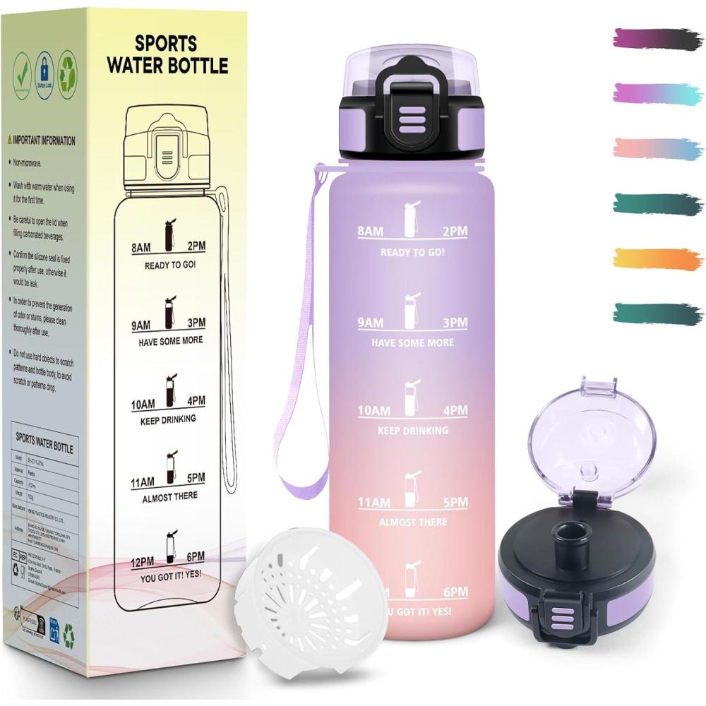 image:imageGourde Rutilisable Gourde Sport 1 Litre Slogans de Motivation Marqueur Horaire Bouteille tanche Portable Bouteille Deau pour Salle de Sport Vlo Bureau Extrieur coleIris Rose 500ml