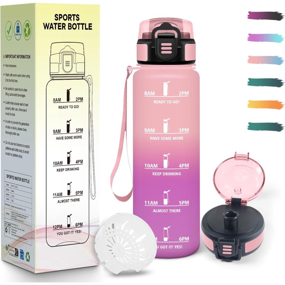 image:imageGourde Rutilisable Gourde Sport 1 Litre Slogans de Motivation Marqueur Horaire Bouteille tanche Portable Bouteille Deau pour Salle de Sport Vlo Bureau Extrieur coleRose  Rose  500ml