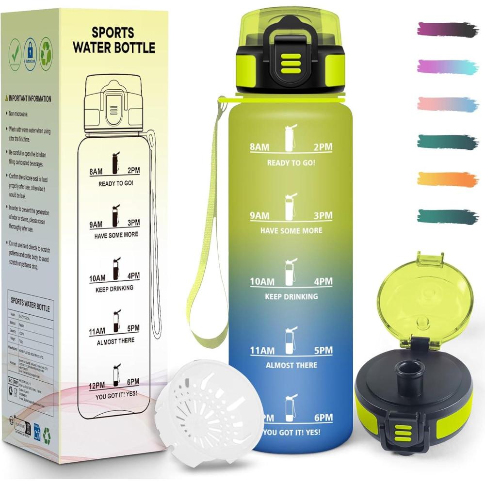 image:imageGourde Rutilisable Gourde Sport 1 Litre Slogans de Motivation Marqueur Horaire Bouteille tanche Portable Bouteille Deau pour Salle de Sport Vlo Bureau Extrieur coleJaune  Bleu  1000ml