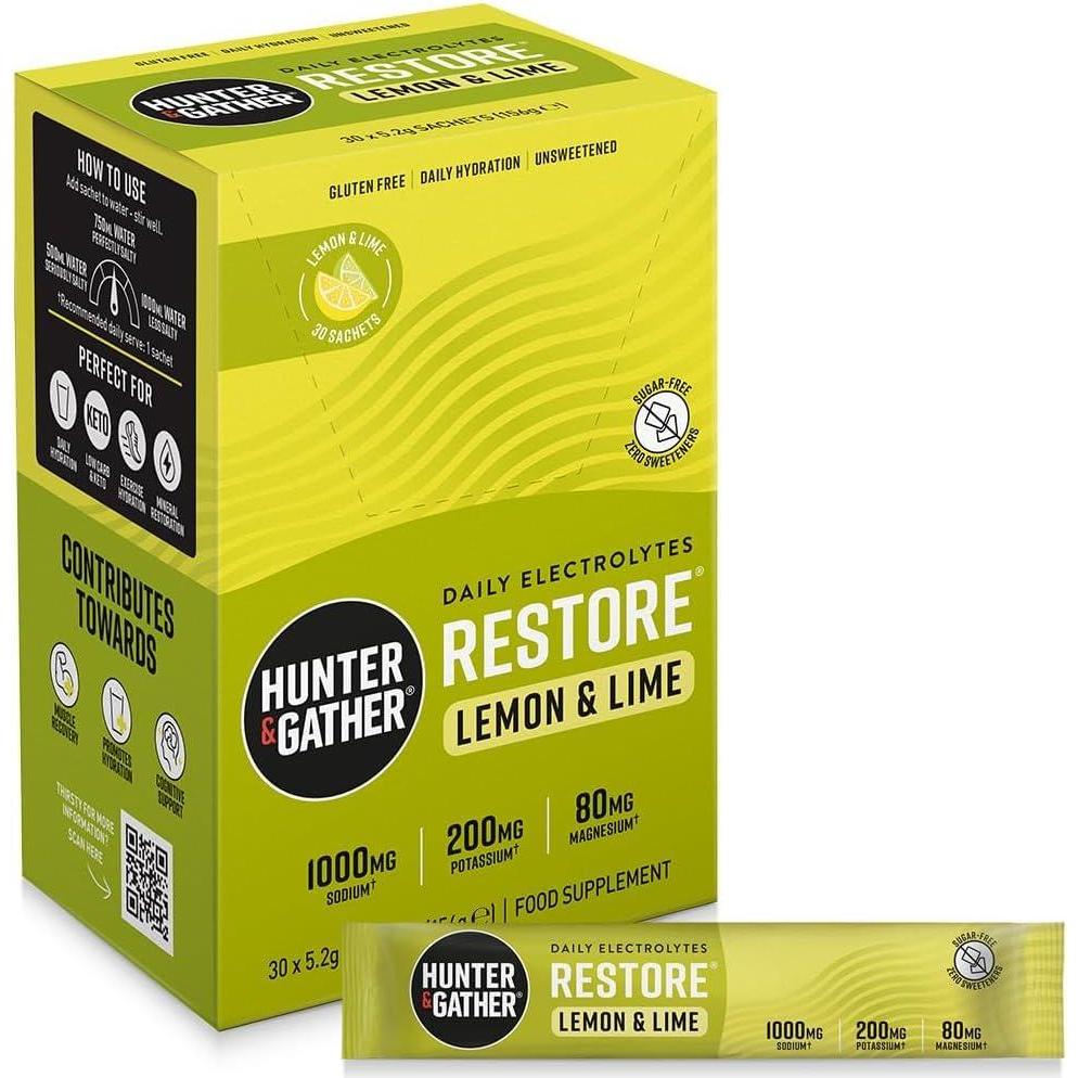 image:imageHunter ampamp Gather Restore Electrolytes Lot de 30 sachets de poudre I Citron et citron vert  Sans sucre I Hydration 100  naturelle I Rapport minral optimal I avec sel rose de lHimalaya I Cto ICitron et citron vert