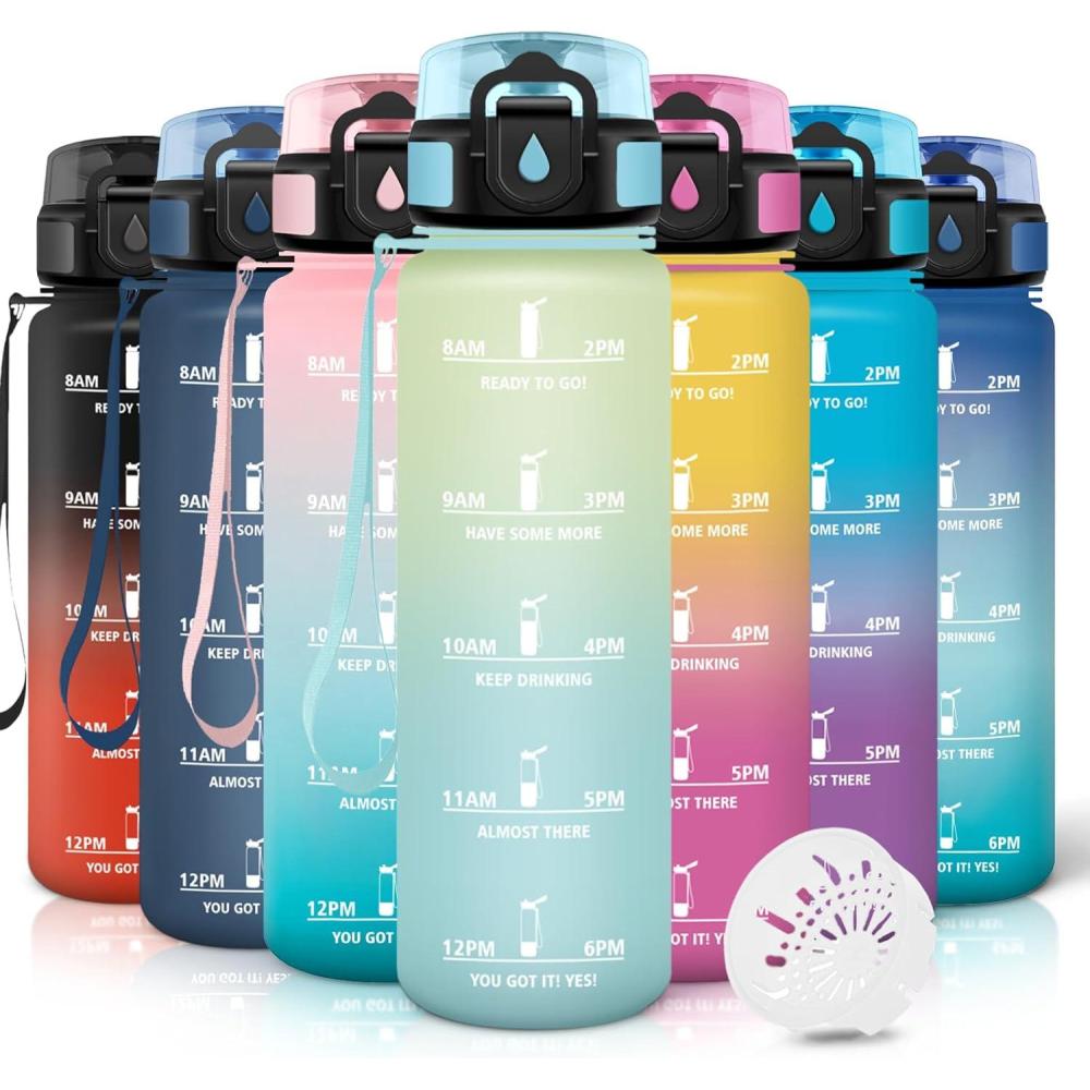 image:imageMotswedi Gourde 1l AntiFuite Gourde Sport avec Marqueur de Temps Bouteille deau Rutilisable Bouteille pour Sport Randonne Yoga Fitness Noir RougeBlanc Cass Bleu Clair