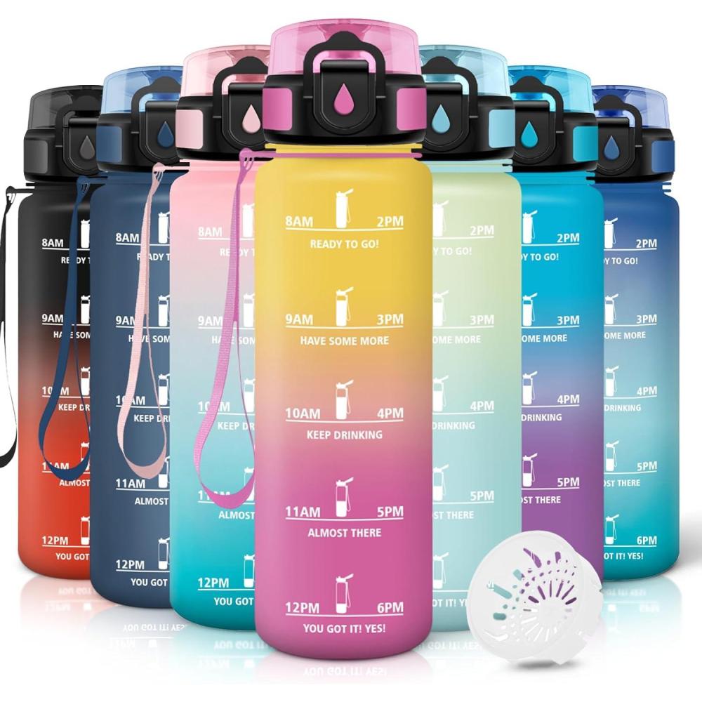 image:imageMotswedi Gourde 1l AntiFuite Gourde Sport avec Marqueur de Temps Bouteille deau Rutilisable Bouteille pour Sport Randonne Yoga Fitness Noir RougeJaune Rose
