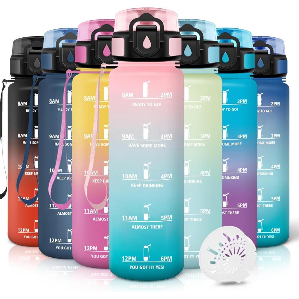 image:imageMotswedi Gourde 1l AntiFuite Gourde Sport avec Marqueur de Temps Bouteille deau Rutilisable Bouteille pour Sport Randonne Yoga Fitness Noir RougeRose Vert