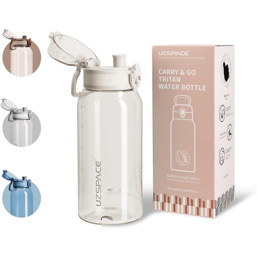 image:imageUZSPACE Gourde Sport 1L Gourde Adulte Transparente sans BPA avec Poigne tanche Bouteille deau Idal pour Fitness et Voyage Bleu ArdoiseBlanc Givr
