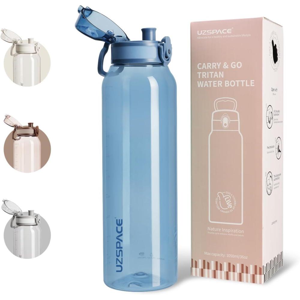 image:imageUZSPACE Gourde Sport 1L Gourde Adulte Transparente sans BPA avec Poigne tanche Bouteille deau Idal pour Fitness et Voyage Bleu ArdoiseBleu Ardoise
