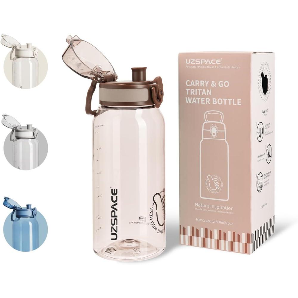 image:imageUZSPACE Gourde Sport 1L Gourde Adulte Transparente sans BPA avec Poigne tanche Bouteille deau Idal pour Fitness et Voyage Bleu ArdoiseChne Brun