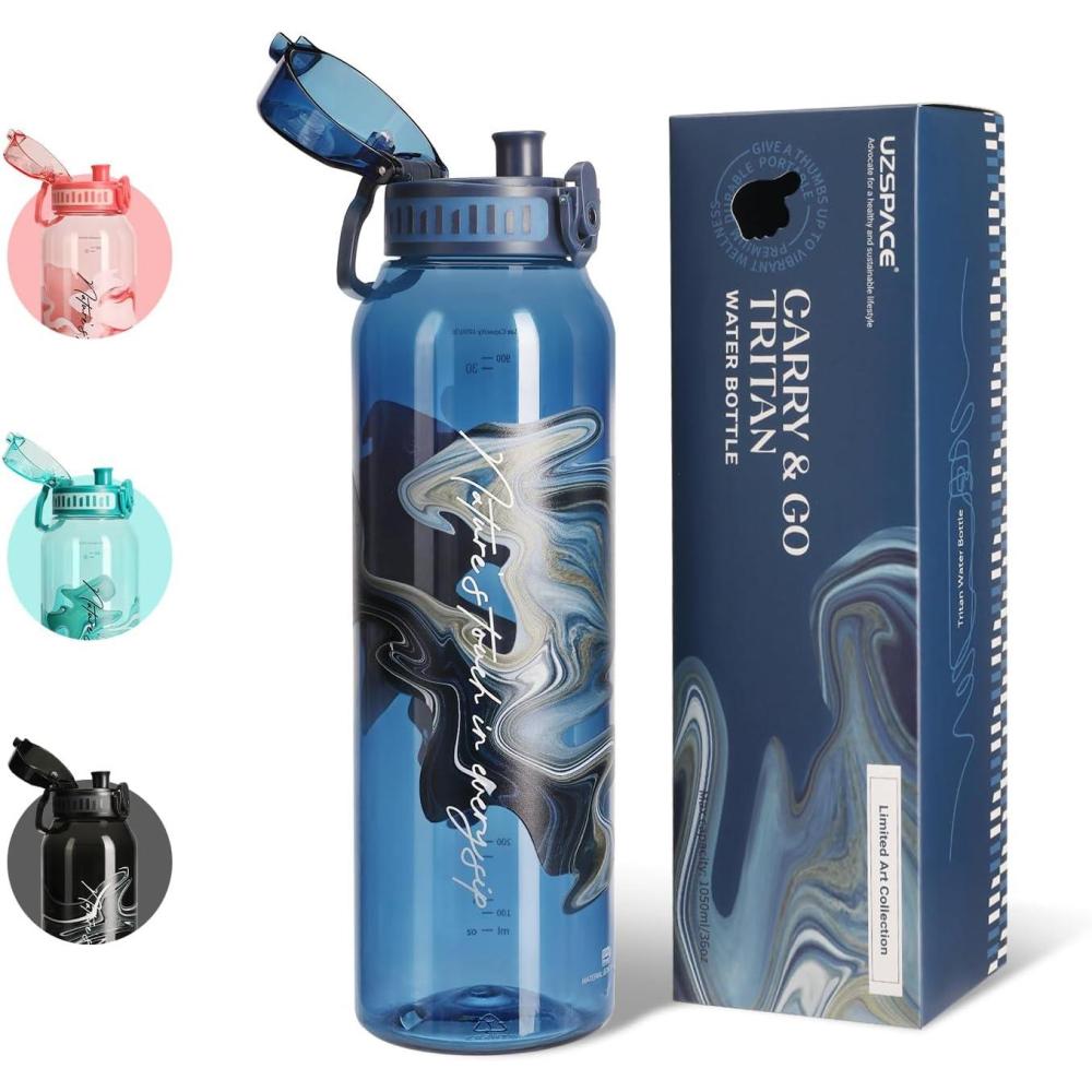 image:imageUZSPACE Gourde Sport 1L  Gourde Adulte Transparente sans BPA avec Poigne  tanche Bouteille deau Idal pour Fitness et Voyage Bleu ArdoiseImpression Artistique Bleue