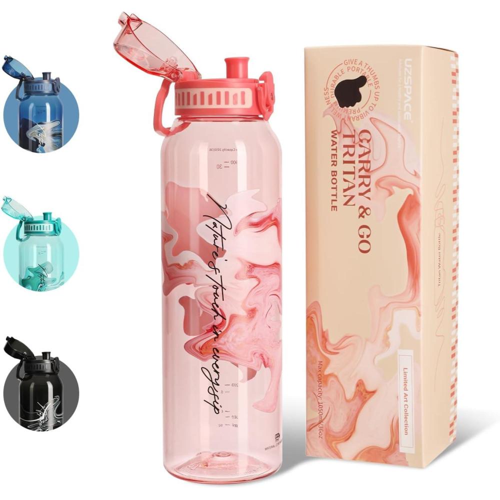image:imageUZSPACE Gourde Sport 1L Gourde Adulte Transparente sans BPA avec Poigne tanche Bouteille deau Idal pour Fitness et Voyage Bleu ArdoiseImprim Artistique Blush