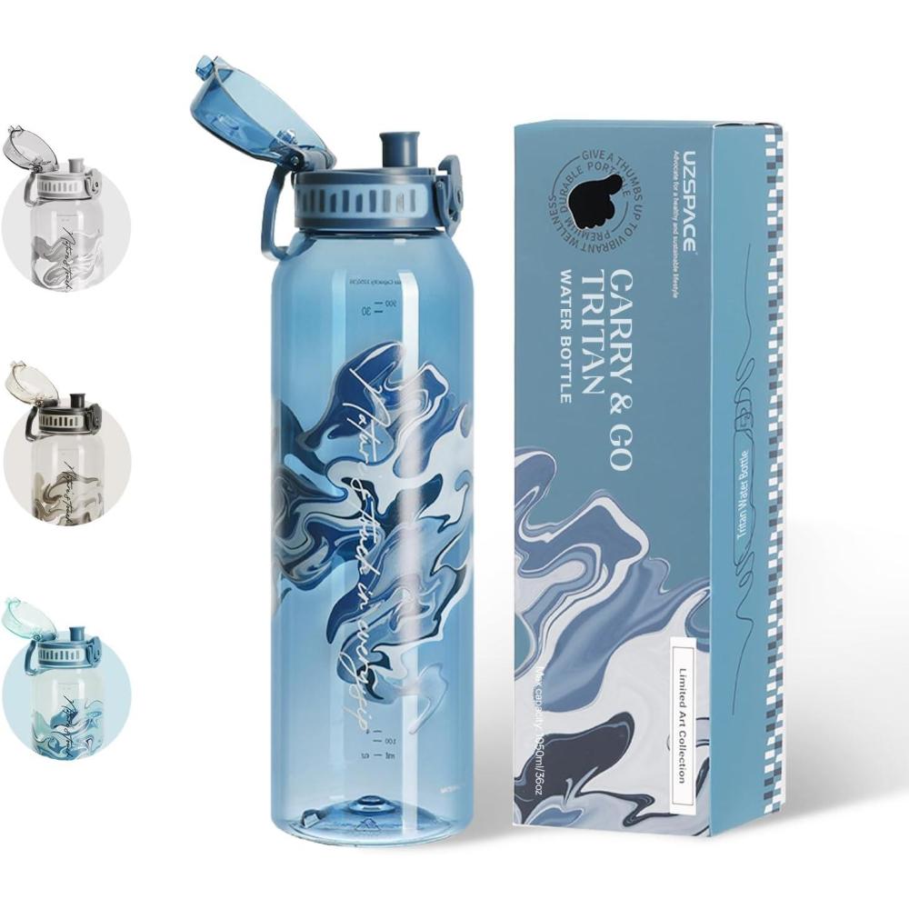 image:imageUZSPACE Gourde Sport 1L Gourde Adulte Transparente sans BPA avec Poigne tanche Bouteille deau Idal pour Fitness et Voyage Bleu ArdoiseImprim Artistique Bleu Ardoise