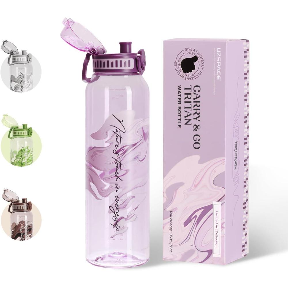 image:imageUZSPACE Gourde Sport 1L Gourde Adulte Transparente sans BPA avec Poigne tanche Bouteille deau Idal pour Fitness et Voyage Bleu ArdoiseImprim Artistique Violet