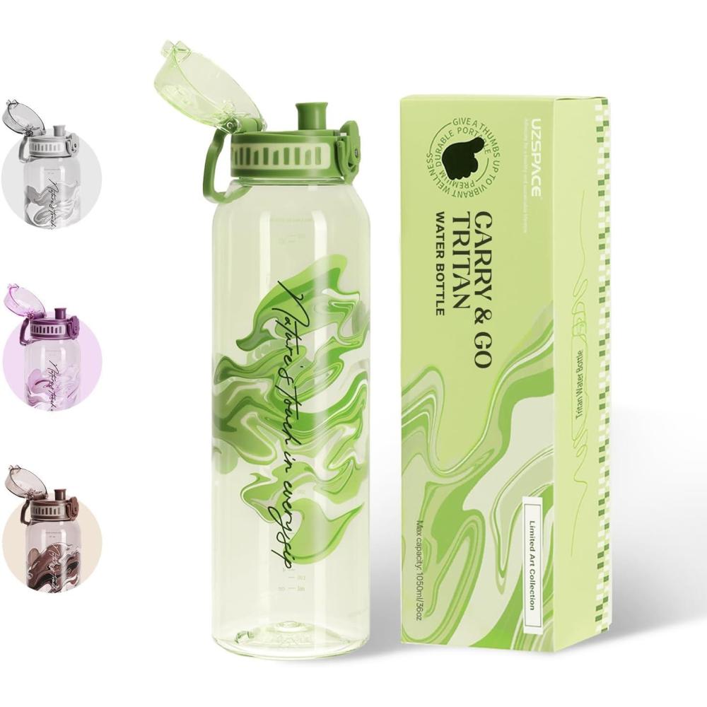 image:imageUZSPACE Gourde Sport 1L Gourde Adulte Transparente sans BPA avec Poigne tanche Bouteille deau Idal pour Fitness et Voyage Bleu ArdoiseImprim Artistique Citron Vert