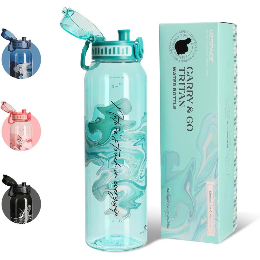 image:imageUZSPACE Gourde Sport 1L Gourde Adulte Transparente sans BPA avec Poigne tanche Bouteille deau Idal pour Fitness et Voyage Bleu ArdoiseImprim Artistique Turquoise
