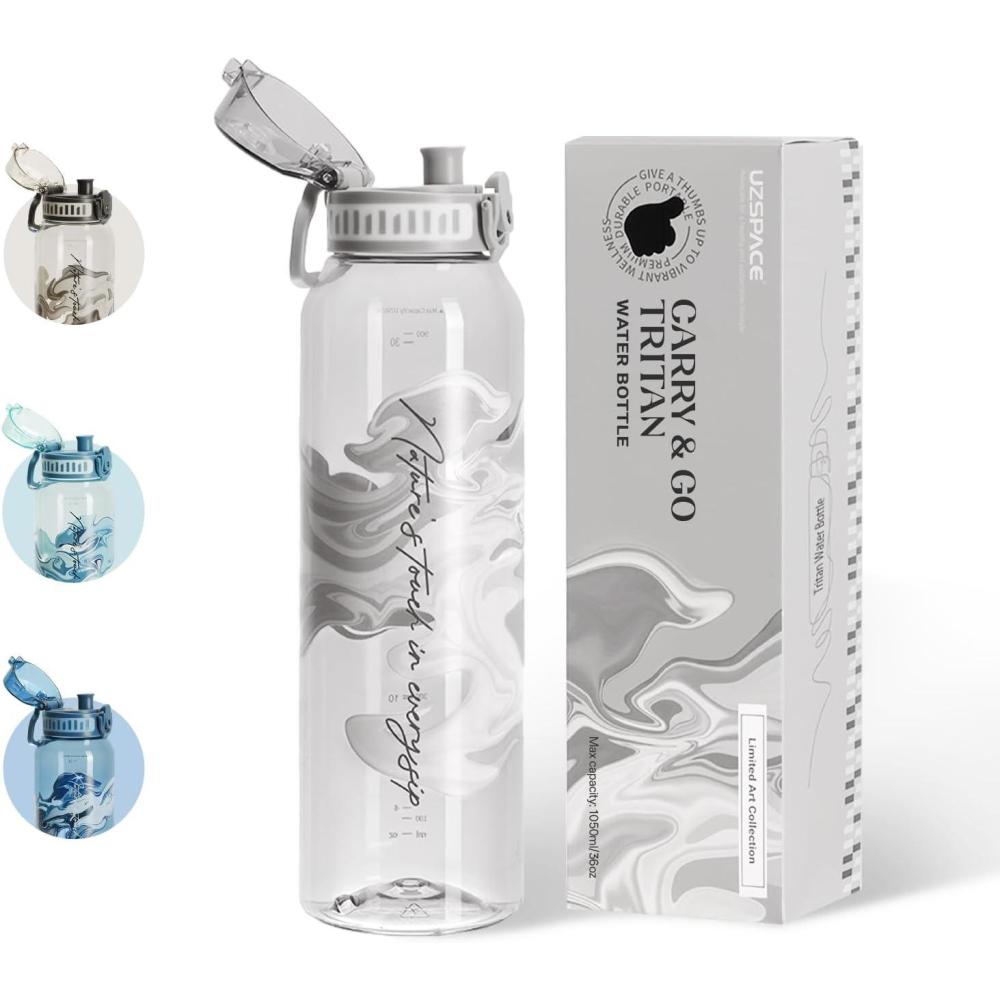 image:imageUZSPACE Gourde Sport 1L Gourde Adulte Transparente sans BPA avec Poigne tanche Bouteille deau Idal pour Fitness et Voyage Bleu ArdoiseImprim Artistique Gris Silex