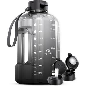 AQUAFIT Bouteille d&rsquo;eau 3,8 l avec marqueur de temps et paille – BCP sans BPA pour salle de sport – Pichet gris minuit(Black Fade)