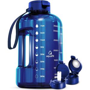 AQUAFIT Bouteille d&rsquo;eau 3,8 l avec marqueur de temps et paille – BCP sans BPA pour salle de sport – Pichet gris minuit(Dark Blue)