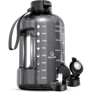 AQUAFIT Bouteille d&rsquo;eau 3,8 l avec marqueur de temps et paille – BCP sans BPA pour salle de sport – Pichet gris minuit(Gray)