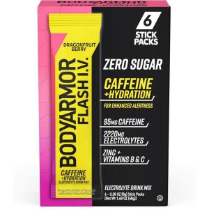 BODYARMOR Flash IV Lot de 6 paquets d&rsquo;électrolytes sans sucre, mélange à boisson sans sucre, poudre d&rsquo;eau de noix de coco, hydratation pour l&rsquo;entraînement, essentiels de voyage, il suffit d&rsquo;ajouter(Baie de fruit du dragon caféinée)