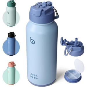 BOTTLE BOTTLE Bouteille d’eau isotherme en acier inoxydable de 946 ml avec paille et couvercle à double usage pour salle de sport avec pilulier (ciel été)(Blue)