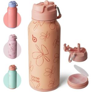 BOTTLE BOTTLE Bouteille d’eau isotherme en acier inoxydable de 946 ml avec paille et couvercle à double usage pour salle de sport avec pilulier (ciel été)(Fleur Jaune)