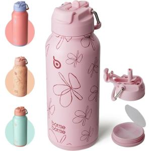 BOTTLE BOTTLE Bouteille d’eau isotherme en acier inoxydable de 946 ml avec paille et couvercle à double usage pour salle de sport avec pilulier (ciel été)(Fleur Rose)