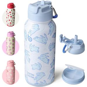 BOTTLE BOTTLE Bouteille d’eau isotherme en acier inoxydable de 946 ml avec paille et couvercle à double usage pour salle de sport avec pilulier (ciel été)(Lapins)