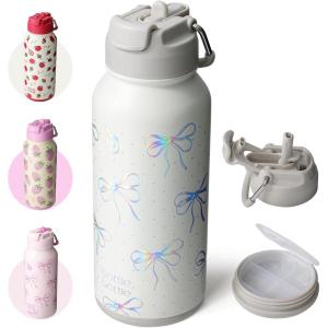BOTTLE BOTTLE Bouteille d’eau isotherme en acier inoxydable de 946 ml avec paille et couvercle à double usage pour salle de sport avec pilulier (ciel été)(Nœud À Paillettes)