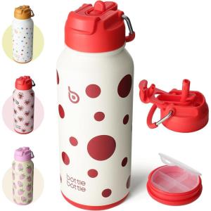 BOTTLE BOTTLE Bouteille d’eau isotherme en acier inoxydable de 946 ml avec paille et couvercle à double usage pour salle de sport avec pilulier (ciel été)(Polka Pop)