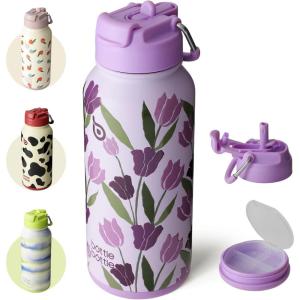 BOTTLE BOTTLE Bouteille d’eau isotherme en acier inoxydable de 946 ml avec paille et couvercle à double usage pour salle de sport avec pilulier (ciel été)(Tulipes Violettes)