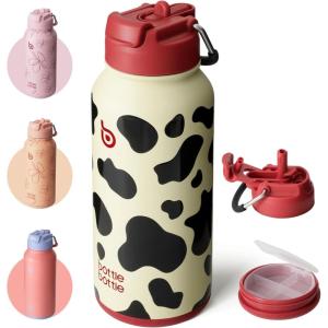 BOTTLE BOTTLE Bouteille d’eau isotherme en acier inoxydable de 946 ml avec paille et couvercle à double usage pour salle de sport avec pilulier (ciel été)(Vache)