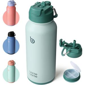 BOTTLE BOTTLE Bouteille d’eau isotherme en acier inoxydable de 946 ml avec paille et couvercle à double usage pour salle de sport avec pilulier (ciel été)(Vert)