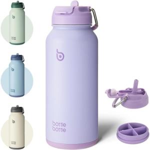 BOTTLE BOTTLE Bouteille d’eau isotherme en acier inoxydable de 946 ml avec paille et couvercle à double usage pour salle de sport avec pilulier (ciel été)(Violet Clair)