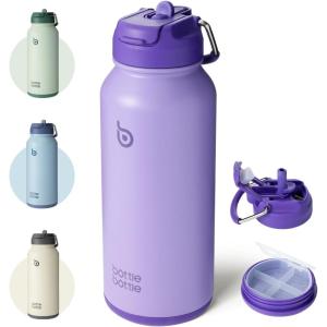 BOTTLE BOTTLE Bouteille d’eau isotherme en acier inoxydable de 946 ml avec paille et couvercle à double usage pour salle de sport avec pilulier (ciel été)(Violet)