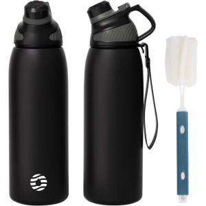 Fjbottle Gourde Isotherme avec Couvercle Magnétique – 400ml/600ml/800ml/1L/1.5L – Bouteille Isotherme Étanche sans BPA, Gourde Inox Bouche Standard, Gourde Enfant pour Sport, Gym, Voyage(Noir et Gris)